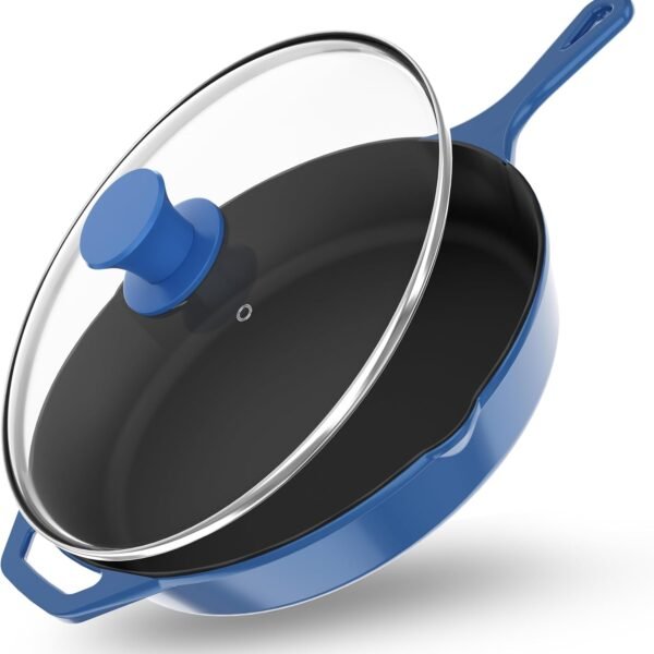 12 inch Saute Fry Pan Pre-Seasoned Cast Iron Skillet With Lid, Frying Pan, Cast Iron Pan, Safe Grill Cookware for Indoor & Outdoor Use - Cooking Gift for Men & Women (Blue)