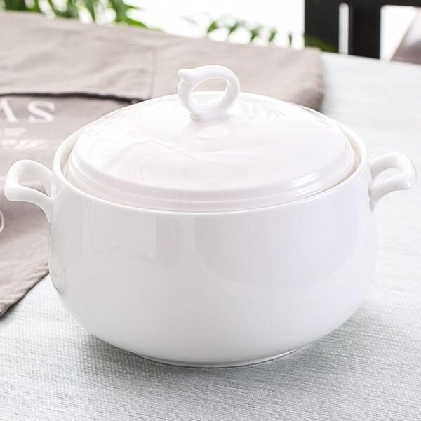Soup Serving Tureen with Lid, Ceramic Round Soup Tureen with Gold Border, White Porcelain Soup Bowl for Restaurant Home Kitchen Decoration, Oven and Dishwasher Safe,White,3L