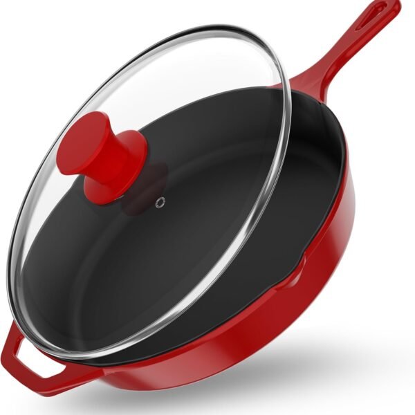 12 inch Saute Fry Pan Pre-Seasoned Cast Iron Skillet With Lid, Frying Pan, Cast Iron Pan, Safe Grill Cookware for Indoor & Outdoor Use - Cooking Gift for Men & Women (Red)