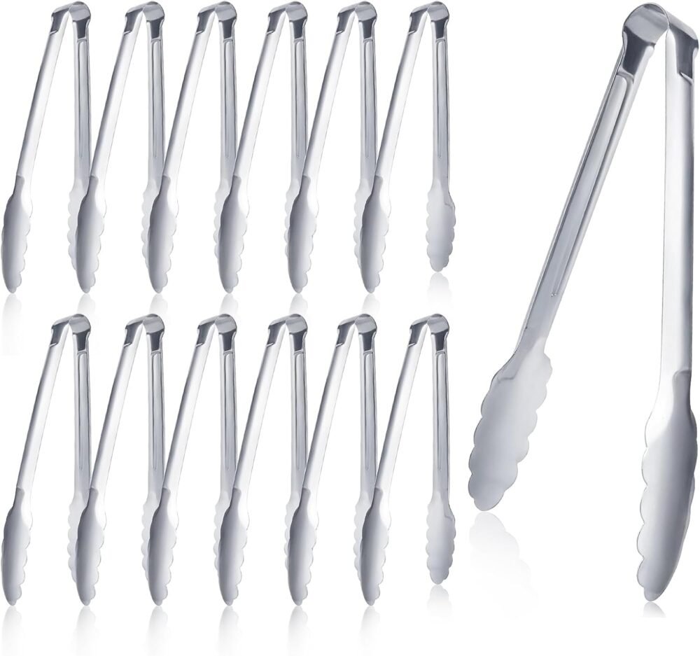 12 Pieces Buffet Tongs 7'' Serving Tongs Heavy Duty Stainless steel Kitchen and BBQ Utility Tong (Silver, 7inch)