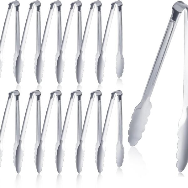 12 Pieces Buffet Tongs 7'' Serving Tongs Heavy Duty Stainless steel Kitchen and BBQ Utility Tong (Silver, 7inch)