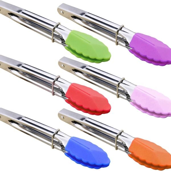 Small Tongs with Silicone Tips 7-Inch Mini Serving Tongs, Set of 6 (Green Red Blue Purple Pink Orange)