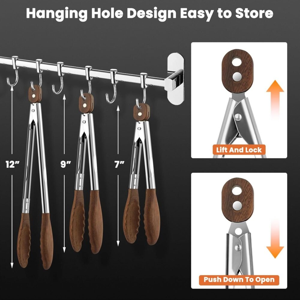 Wooden Tongs for Cooking Set of 3-7, 9, 12 inch Natural Walnut Kitchen Tongs with Stainless Steel, Heat Resistant Non-Scratch Utensils for Grilling, Serving, Salad, BBQ - Image 2