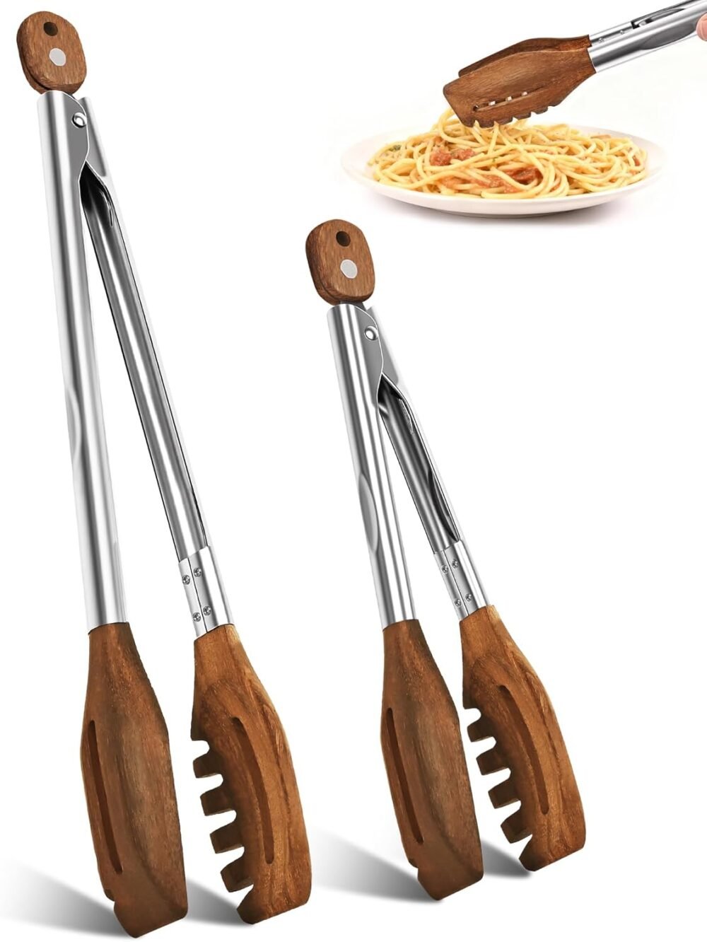 3-in-1 Wooden Tongs for Cooking Set of 2 (9", 12") Natural Walnut Wood kitchen Tongs & Pasta Tongs for Cooking, Pasta, Salad, Grilling More | Stainless Steel Non-Slip Grip, Heat Resistant, Pull Lock
