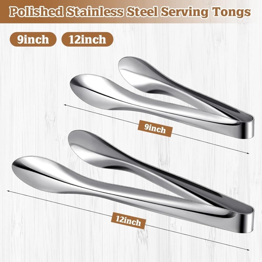 2 Pack Polished Stainless Steel Serving Tongs 9 and 12 Inch Metal Food Silver Tong for Buffet Salad BBQ Grilling Heavy Duty Kitchen Utensils for Cooking Catering Wedding Party - Image 2