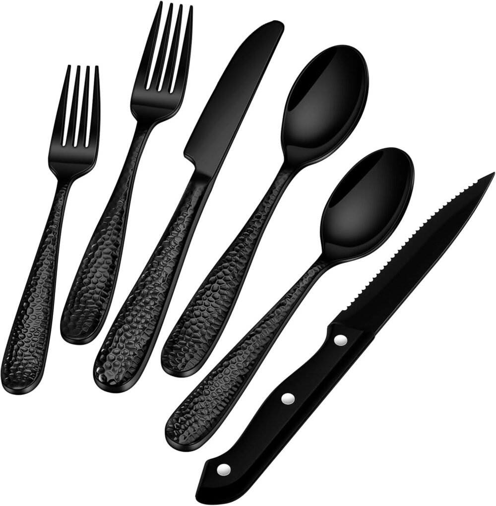 48-Piece Black Hammered Silverware Set with Steak Knives, Food Grade Stainless Steel Flatware Set for 8, Mirror Tableware Cutlery Include Forks Spoons and Knives Set, Dishwasher Safe Utensils