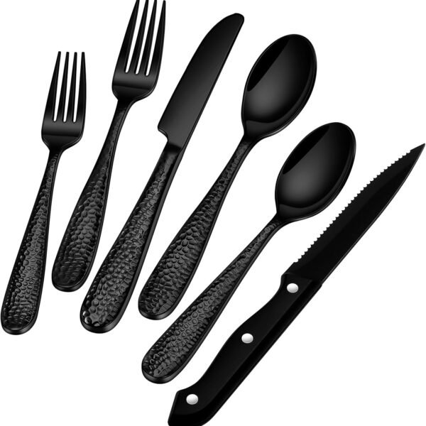 48-Piece Black Hammered Silverware Set with Steak Knives, Food Grade Stainless Steel Flatware Set for 8, Mirror Tableware Cutlery Include Forks Spoons and Knives Set, Dishwasher Safe Utensils