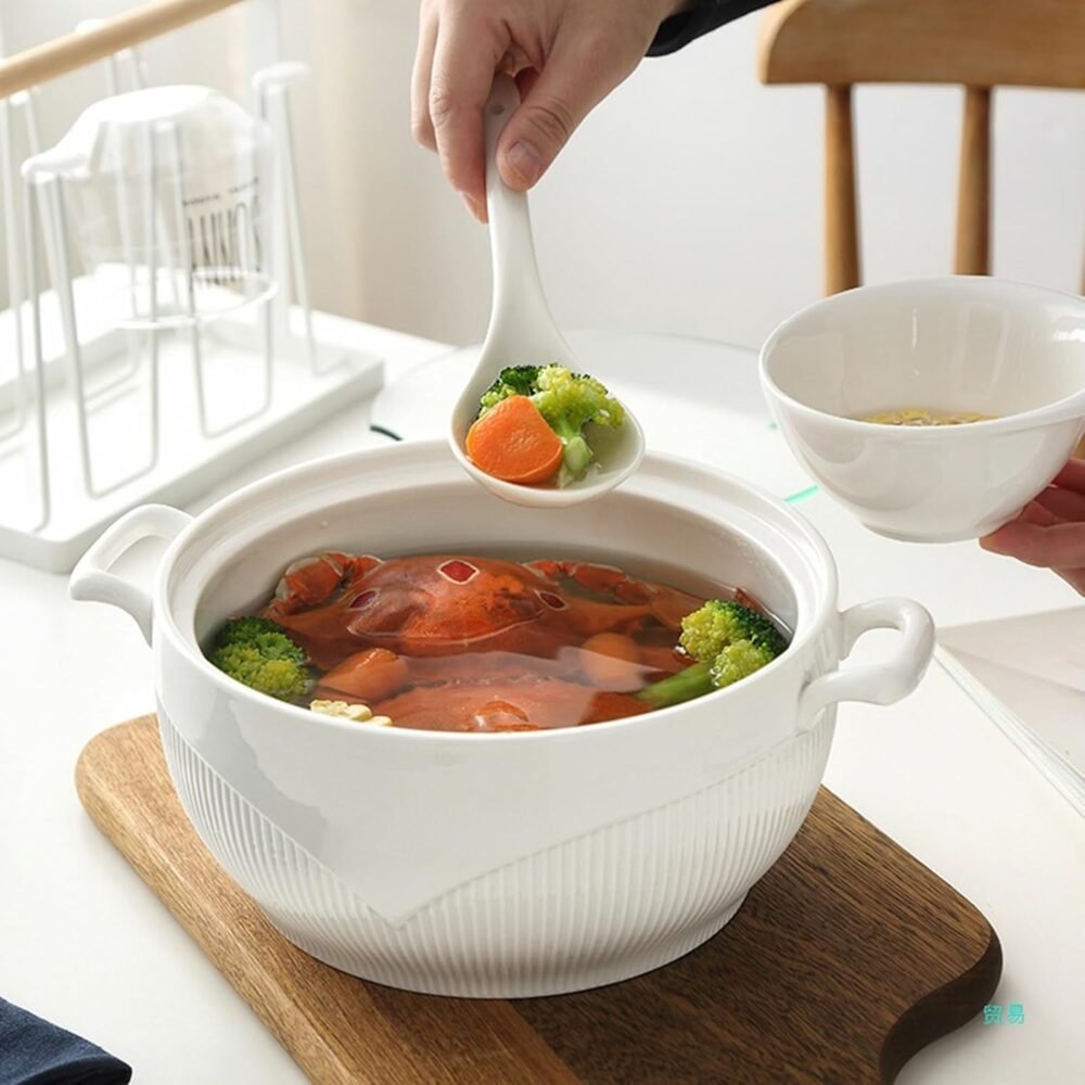 White Ceramic Soup Tureen with Lid, Large Porcelain Serving Soup Bowl with Handle and Spoon, Round Soup Pot for Home Kitchen Restaurant, Microwave and Dishwasher Safe,3L/2.75Quart - Image 2