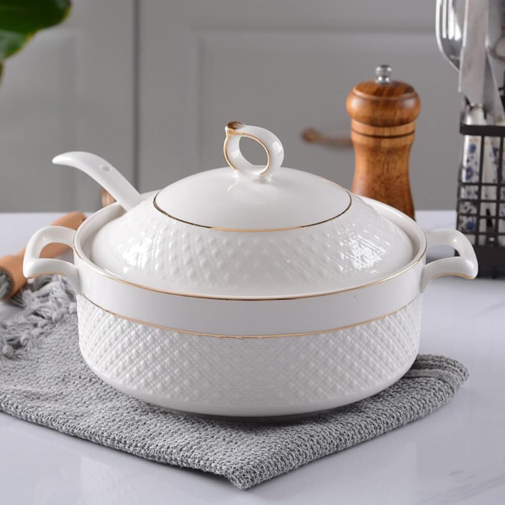 Ceramic Covered Tureen for Soup, White Soup Tureen with Gold Design Double Handle Soup Serving Bowl with Spoon Porcelain Serving Soup Tureen for Restaurant Home Kitchen Decoration,White - Image 2