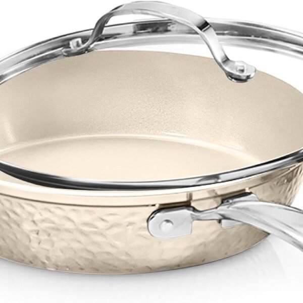 Hammered 10 Inch Non Stick Frying Pans with Lid, Frying Pans Nonstick with Lid, Healthy and Non Toxic Ceramic Pan for Cooking, Nonstick Frying Pan, Induction Pan, Dishwasher Safe ?C Cream