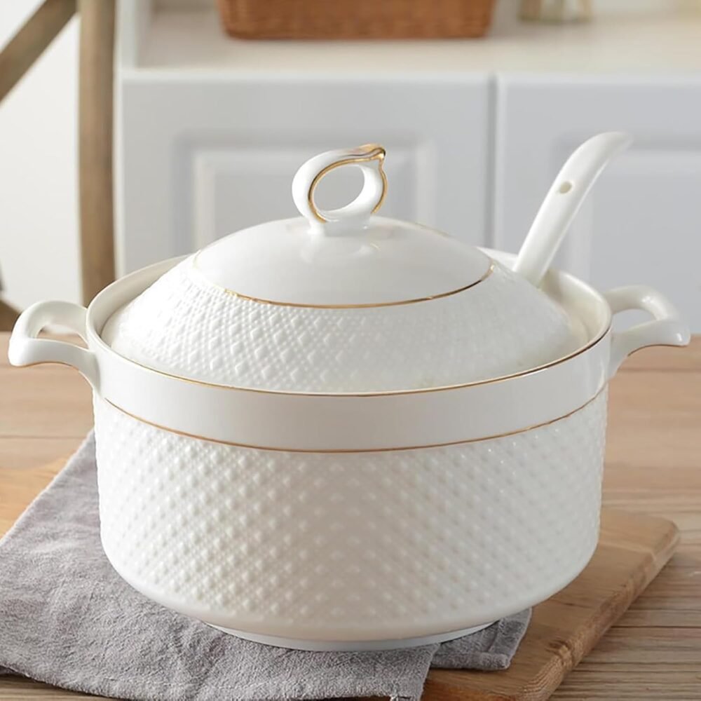 Ceramic Soup Tureen Large Capacity Serving Bowl with Lid and Spoon White Porcelain Soup Tureen with Gold Design for Salad Pasta Noodles Stew, Microwave and Dishwasher Safe,2.2L/2Quarts