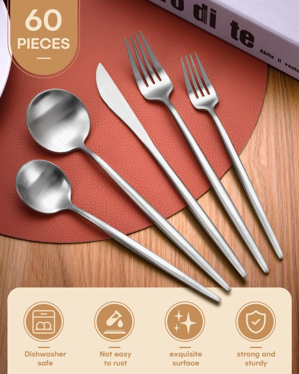 60-Piece Silverware Set for 12, Food-Grade Stainless Silver Flatware Set Include Spoons Forks Knives Matte Utensil Cutlery Set,Satin Finished & Dishwasher Safe - Image 2