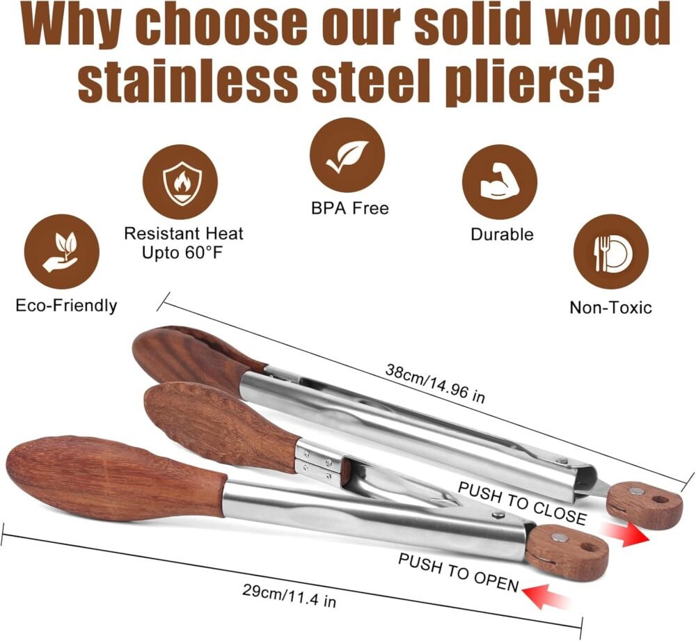 2-pcsTongs for Cooking with Wooden Tips - Nonstick Cooking Tongs & Salad Tongs for Blooming Food??Cooking, BBQ and Tossing Salad - Made of Natural Walnut Wood??Long Style15inch Short Style 11.4inch - Image 2