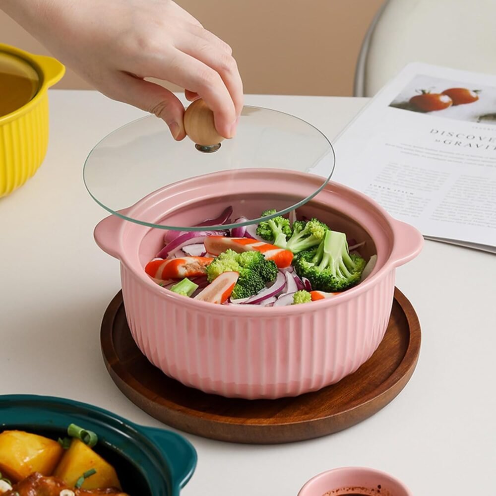 Ceramic Soup Tureen with Lid, Large Capacity Porcelain Soup Bowl 800ML Round Double-Ear Covered Tureen Classic Serving Bowl for Soups for Restaurant Home Kitchen Decoration,Pink - Image 2