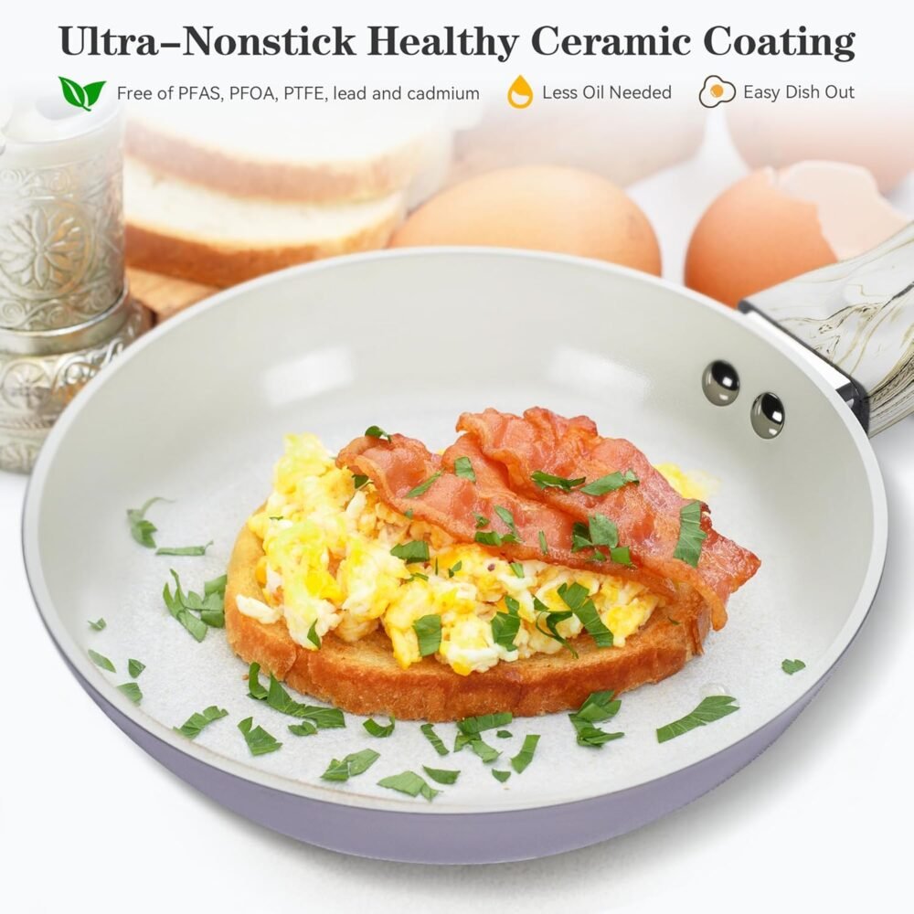 Nonstick Frying Pans Set, 8" 9.5" 11" Ceramic Frying Pan Set, Ceramic Pan Skillet with Stay Cool Handle, Non Toxic Pans for Cooking & Dishwasher Safe, Purple & White, PFAS & PTFE & PFOA Free - Image 2