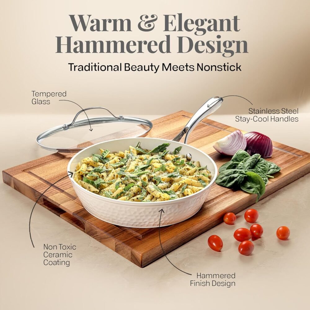 Hammered 10 Inch Non Stick Frying Pans with Lid, Frying Pans Nonstick with Lid, Healthy and Non Toxic Ceramic Pan for Cooking, Nonstick Frying Pan, Induction Pan, Dishwasher Safe ?C Cream - Image 2