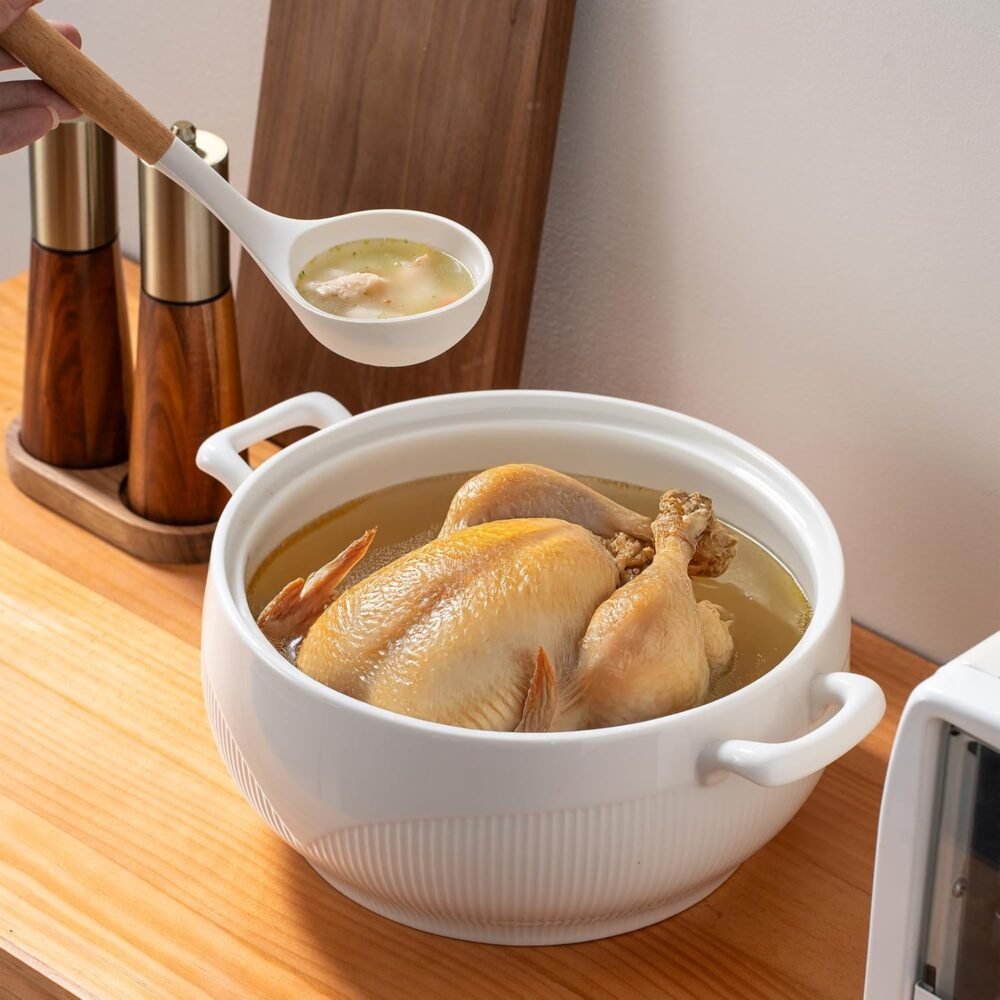 Large Ceramic Soup Tureen With Glass Lid - Porcelain Big Serving Bowl with Handles for Restaurant, Home Kitchen Decoration - Cute Covered Tureen, White, 3.5QT - Image 2