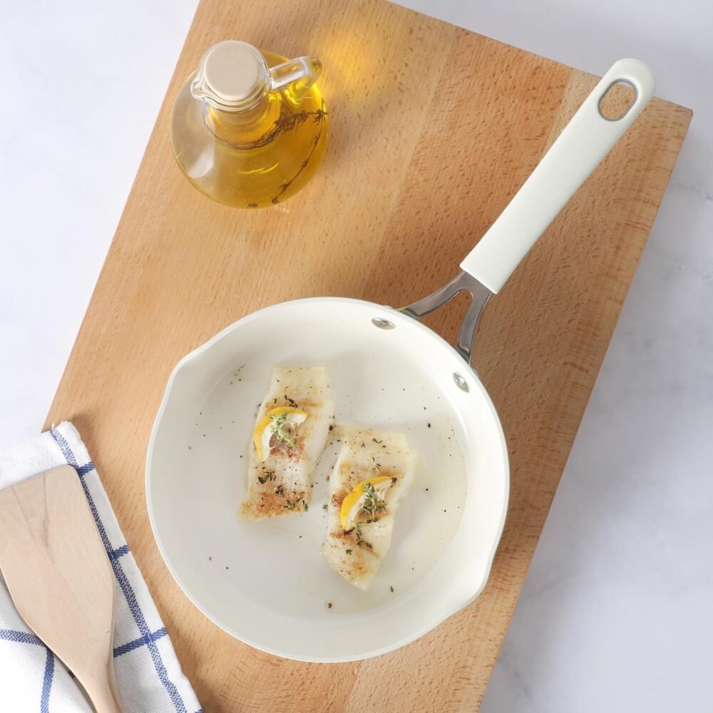 8 Inch Aluminum Fry Pan Cookware Non-Toxic Premium Ceramic Non Stick Frying Pan, Kitchen Egg Pan, Omelet Pan, , Pots and Pans, Linen White, Induction Safe - Image 2