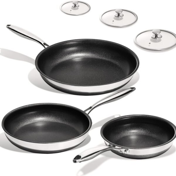 Non Stick Frying Pans Set - 3 Piece (8, 10, 12") Titanium Ceramic Pan with Lids, Nonstick Skillet Stainless Steel, PFAS PFOA & PTFE Free, Dishwasher & Oven Safe, All Cooktops Compatible